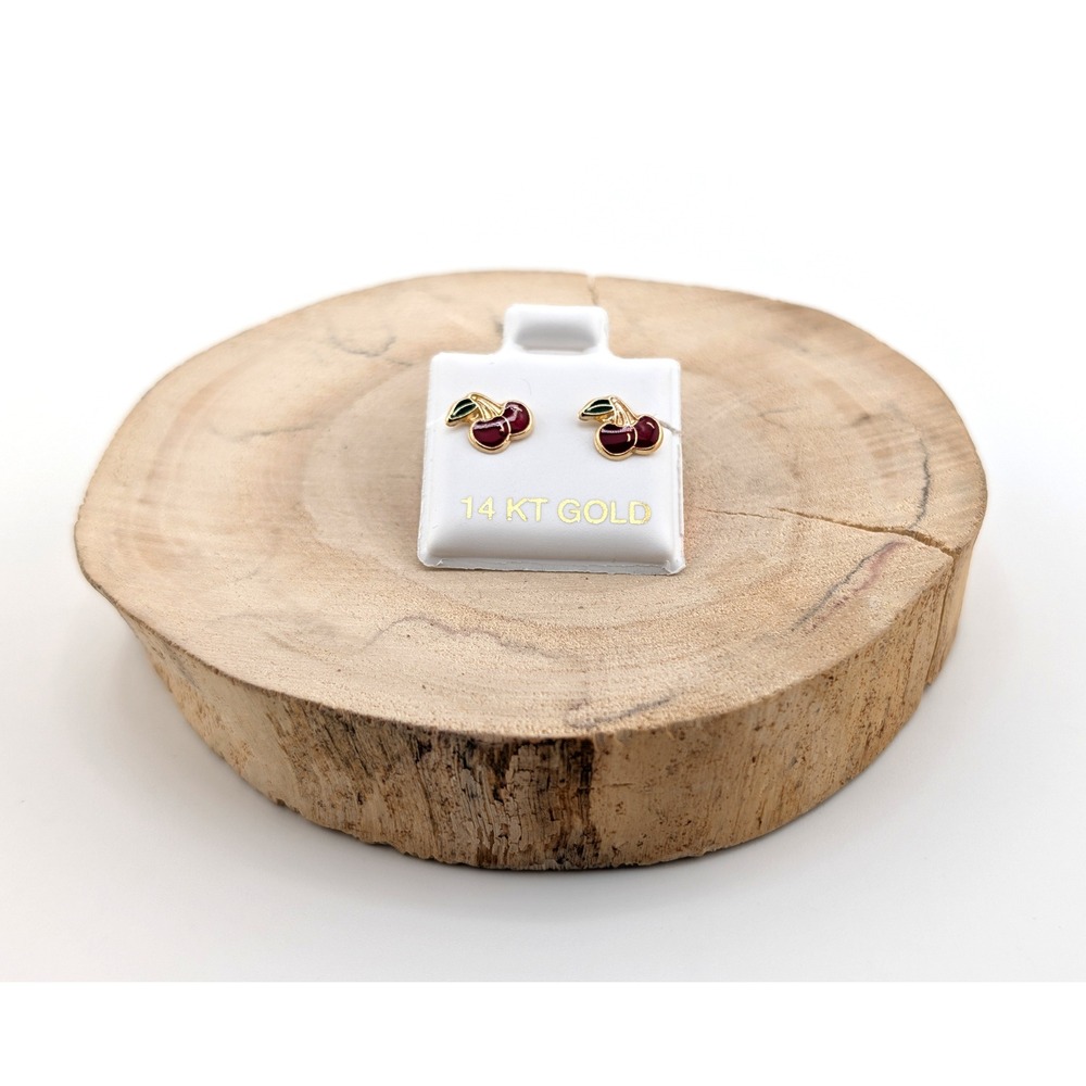 Women's 14K Gold Enamel Cherry Stud,‎ Cute Mini Fruit Earrings **